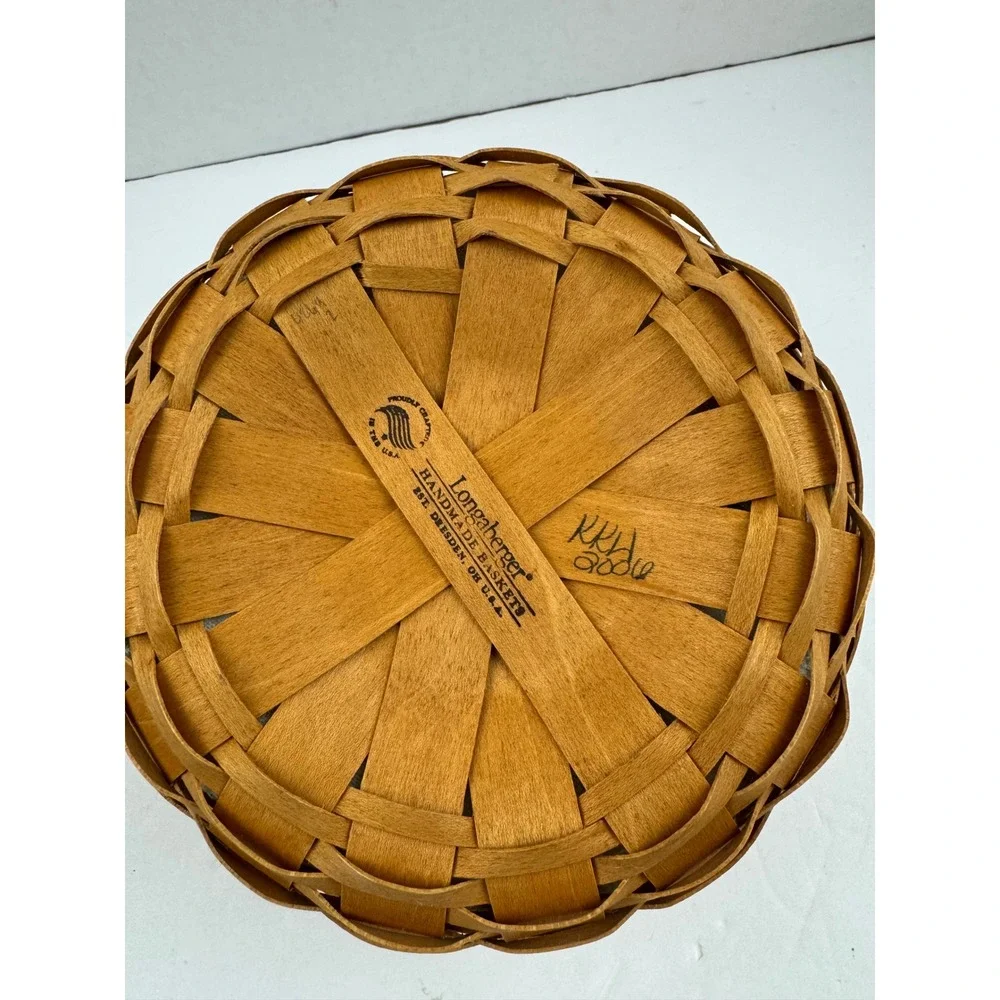 Longaberger 2006 Round Woven Basket Leather Handles Botanical Liner Protector